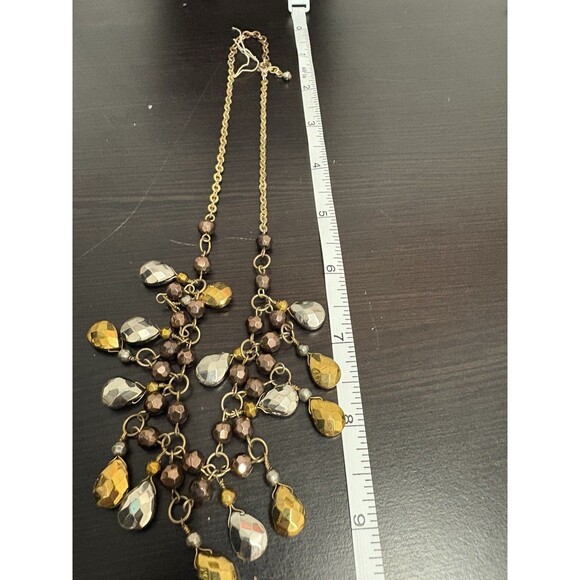 Vintage Bib Necklack Statement Red Orange Brown Silver Beads Costume - Picture 10 of 10